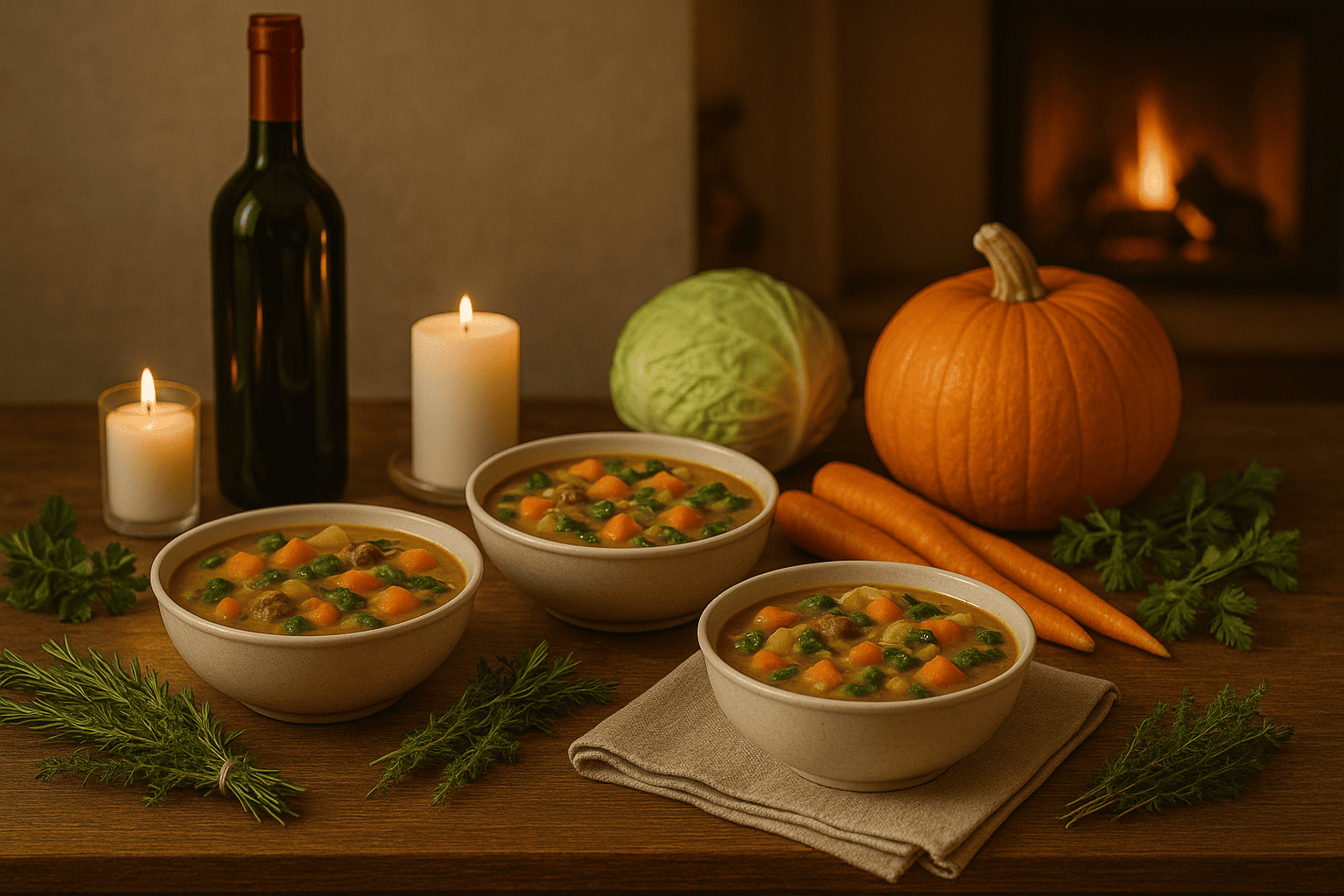 Festive table with bowls, herbs, and seasonal produce